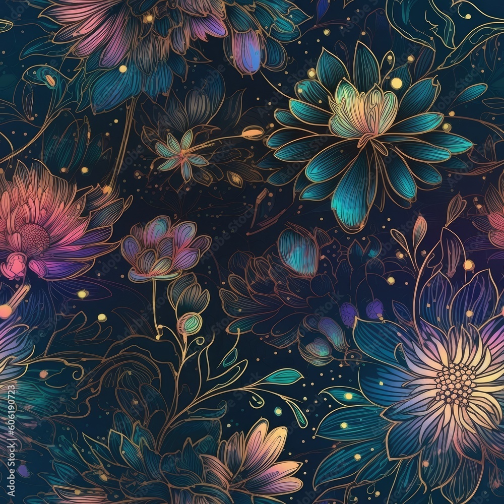 Abstract Holographic Celestial Floral Seamless Pattern created with Generative AI