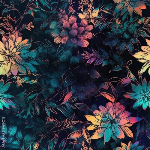 Abstract Holographic Celestial Floral Seamless Pattern created with Generative AI