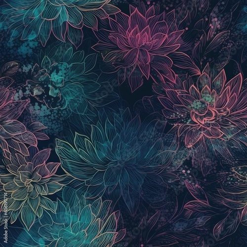Abstract Holographic Celestial Floral Seamless Pattern created with Generative AI