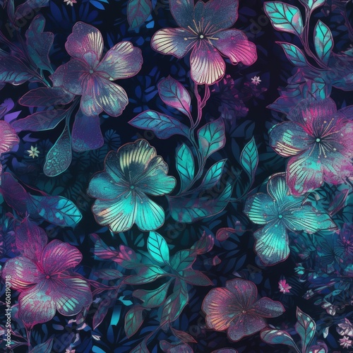 Abstract Holographic Celestial Floral Seamless Pattern created with Generative AI