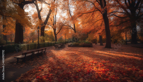 Tranquil autumn forest  vibrant colors illuminate beauty generated by AI