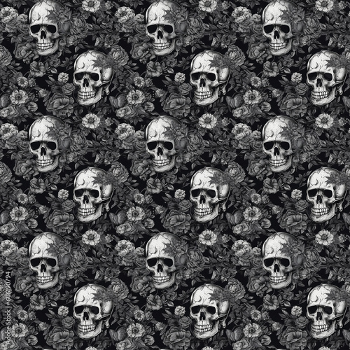 Gothic Seamless Skulls Black & White Repeatable Pattern created using Generative AI