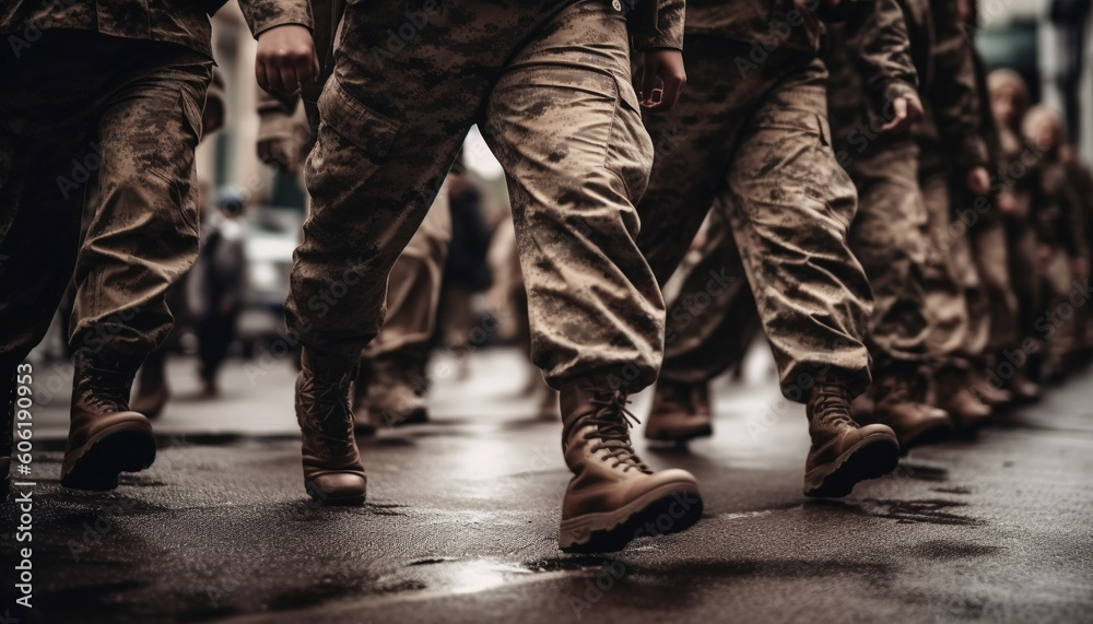 Marching soldiers in uniform, carrying rifles proudly generated by AI Marching soldiers in uniform, carrying rifles proudly generated by AI
