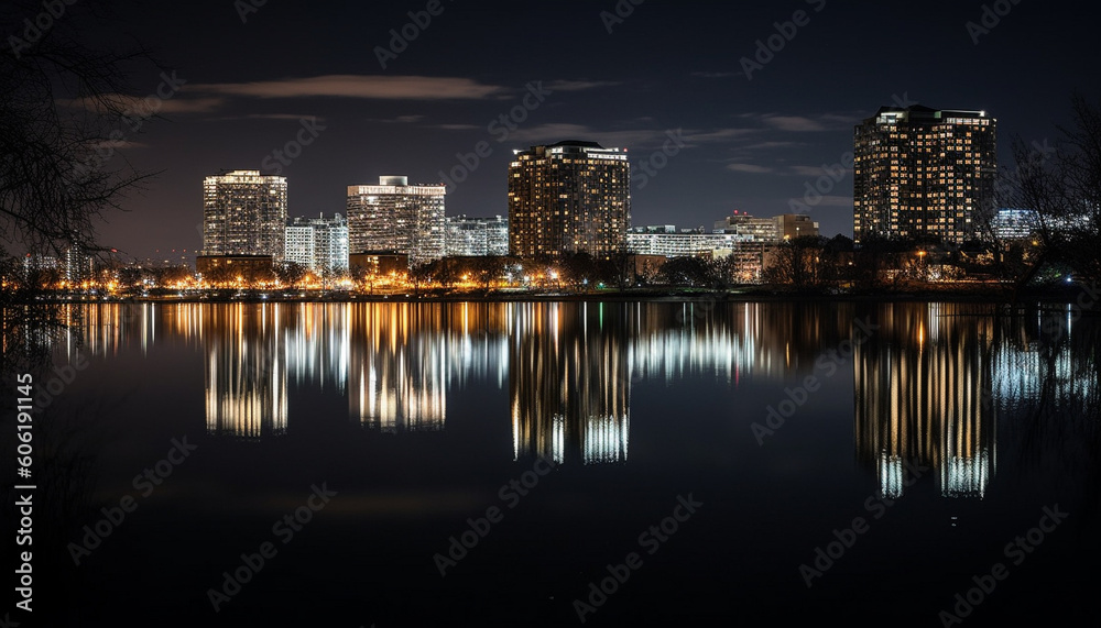 Fototapeta premium Illuminated skyscrapers reflect on tranquil waterfront at dusk generated by AI