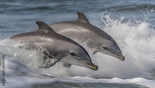 Playful bottle nosed dolphin jumping in deep water generated by AI