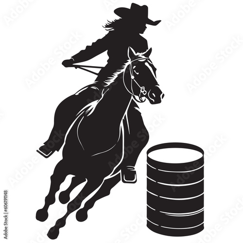 Barrel Racing Design with Female Horse and Rider Silhouette Image Black White photo