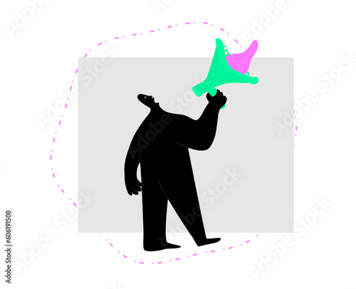 speaker with a huge loudspeaker with his tongue, symbolic vector illustration about divulging news, press, media