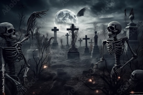 Zombies Rising In Dark. Bones And Skulls Out Of A Cemetery. AI generated  human enhanced