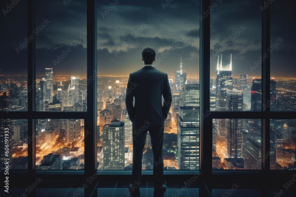 A businessman in a skyscraper office enjoys the views of the city lights at night. Man from the back. AI generated A businessman in a skyscraper office enjoys the views of the city lights at night. Man from the back. AI generated