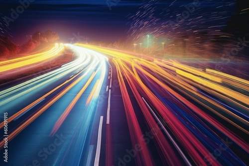 Colorful rays streak along a highway background. Backdrop for design. AI generated, human enhanced