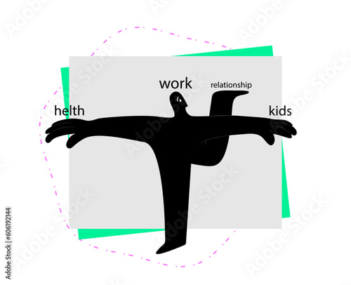 A symbolic vector illustration of a person trying to find a balance in life, a compromise between work, personal relationships, family, and maintaining health