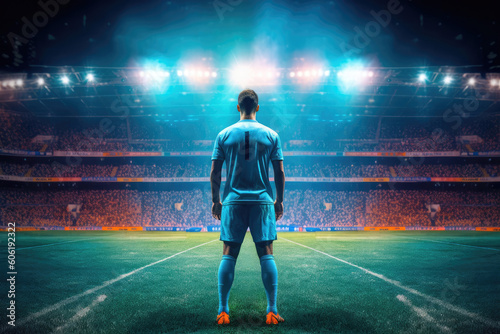 rear view of a soccer player in massive lit stadium at night © O-Foto