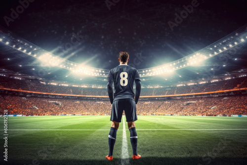 rear view of a soccer player in massive lit stadium at night