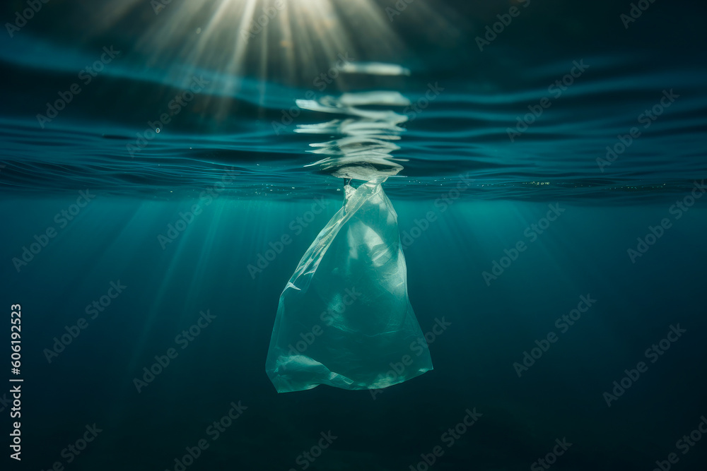 Plastic bag under the sea. AI generated, human enhanced. Plastic bag under the sea. AI generated, human enhanced.