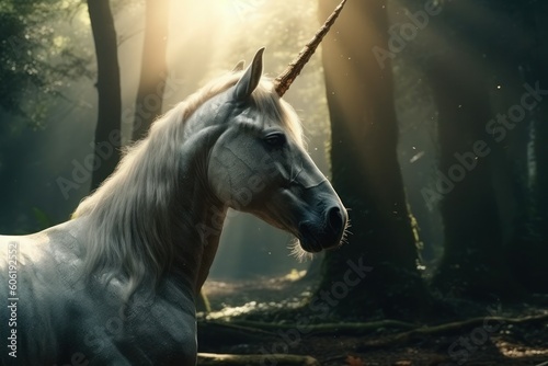 Fairytale unicorn. Mythical animal with one horn. AI generated, human enhanced © top images
