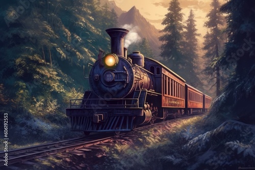 Train rides in a forest area, retro style. Vintage steam locomotive. AI generated, human enhanced.