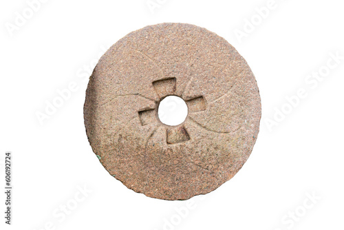 Stone wheel of water mill isolated on white background