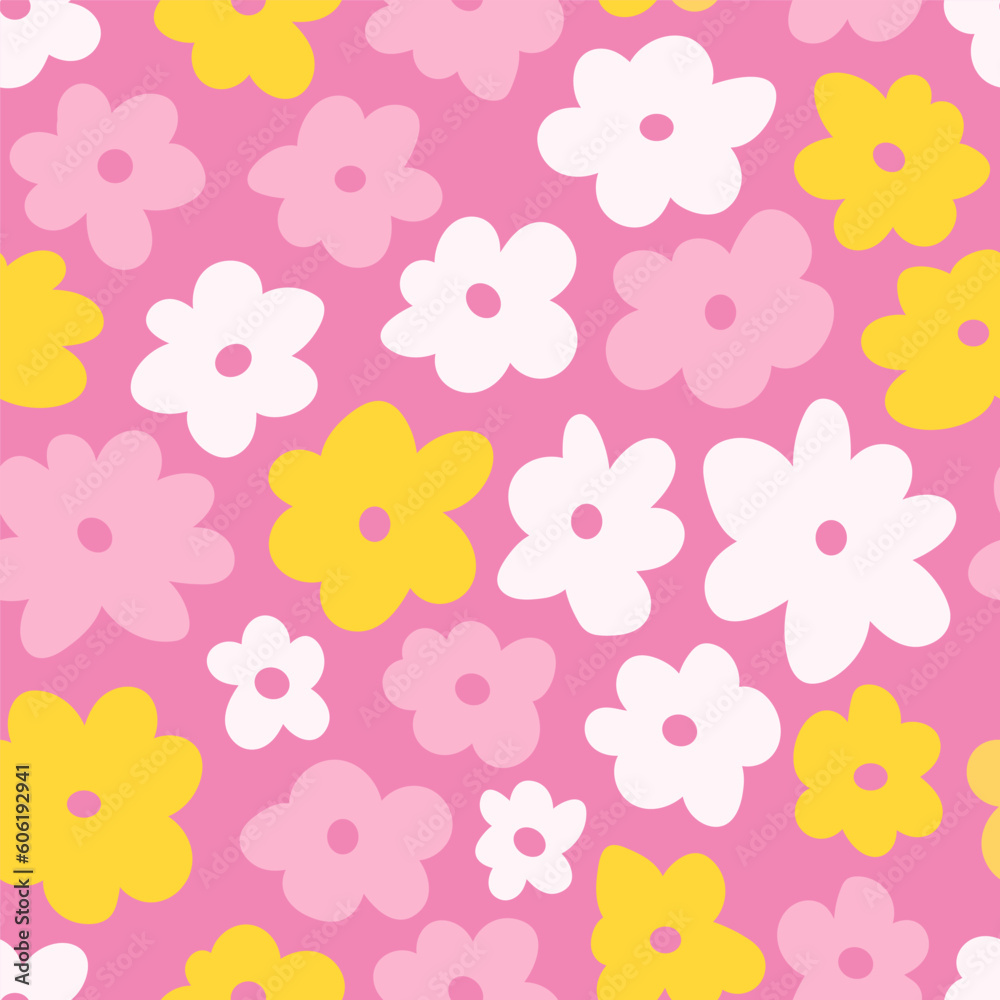 Floral pattern in the style of the 70s with groovy daisy flowers. Retro floral naive vector design. Style of the 60s, 70s, 80s Floral pattern in the style of the 70s with groovy daisy flowers. Retro floral naive vector design. Style of the 60s, 70s, 80s