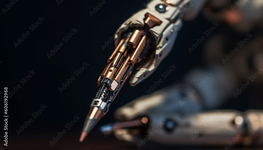 Naklejka premium Sharp metallic wrench repairs futuristic robotic machinery generated by AI
