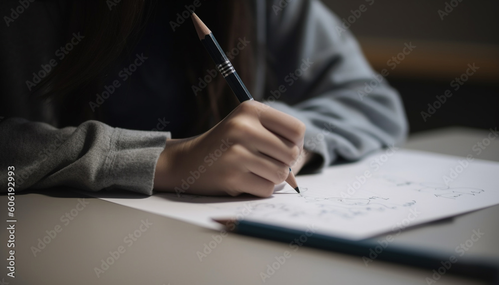 Young adult sitting at desk studying paper generated by AI Young adult sitting at desk studying paper generated by AI