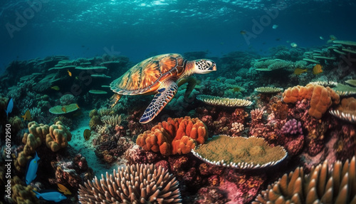 Tropical climate  below the reef  sea turtle generated by AI