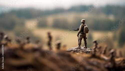 Toy soldiers aim rifles on battlefield outdoors generated by AI