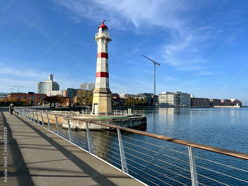 waterfront with a lighthouse in the city of Malmö