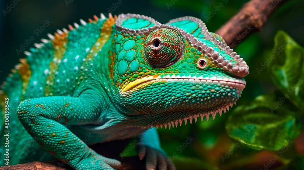 Green colored chameleon close up. Generative AI