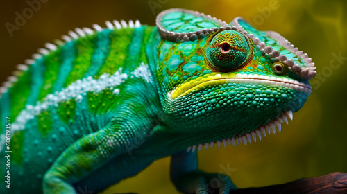 Green colored chameleon close up. Generative AI © Aram