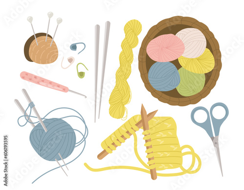Knitting tools set. Threads with needles and knots. Sewing equipment or atelier, taylor. Needlework, seamstress and handmade clothes. Cartoon flat vector collection isolated on white background