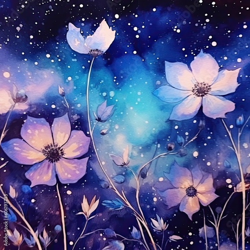 purple flowers in an icy cold night sky  in the style of delicate watercolors Generative Ai