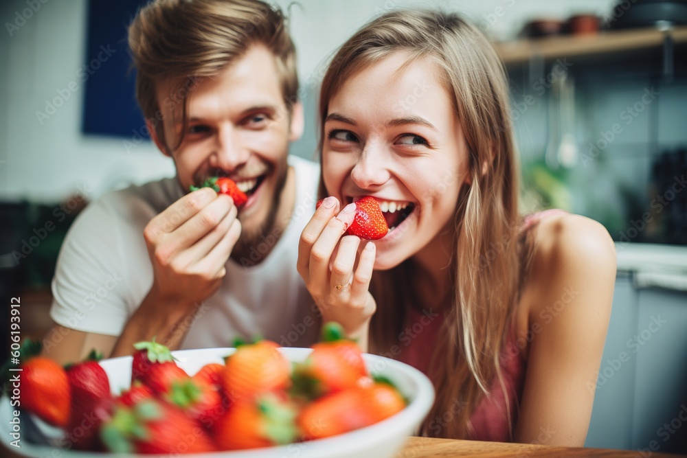 Young couple snack healthy strawberries. Ai generated. Young couple snack healthy strawberries. Ai generated.