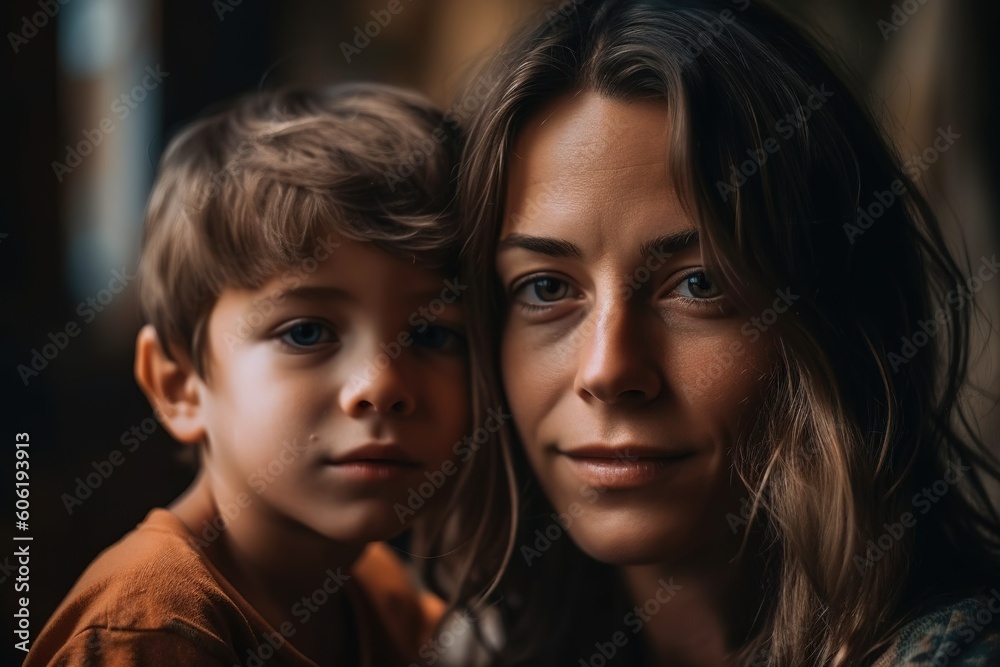 Vintage style portrait of a young mother and her 6 year old son, cheek to cheek. Ai generated.
