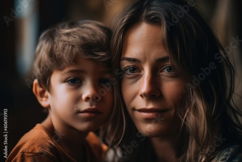 Vintage style portrait of a young mother and her 6 year old son, cheek to cheek. Ai generated.
