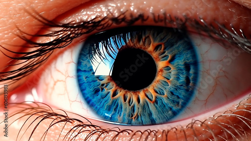 Human blue eye realistic beautiful closeup zoom. Generative AI © Aram