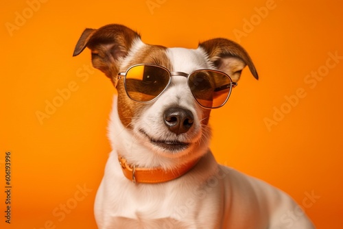 Cute Russell dog with sunglasses and smile, on orange background. Ai generated.