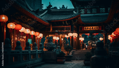 Illuminated lanterns adorn ancient Chinese architecture at dusk generated by AI