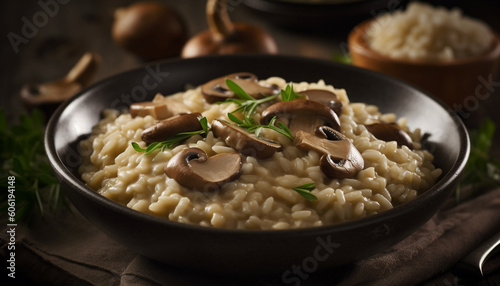 Edible mushroom risotto with parsley and parmesan cheese generated by AI