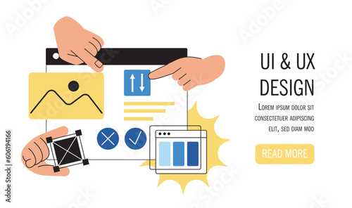 UI and UX design banner. Development of graphic elements for website or mobile application. Freelance and designer work. Interface and content for webpage. Doodle flat vector illustration