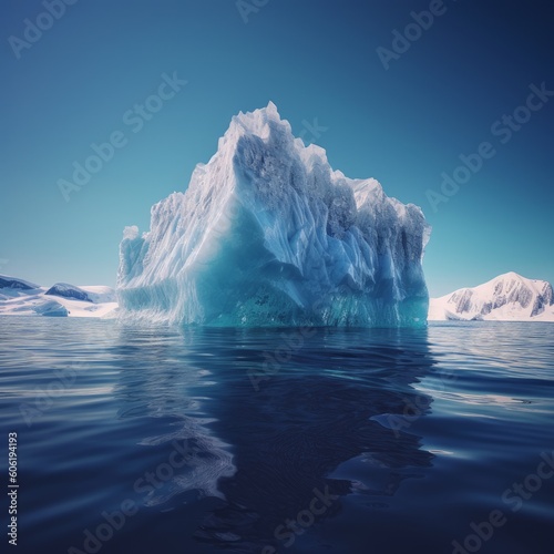 A massive floating iceberg in the water  with a visible tip above the water and a submerged portion below it. Generative AI