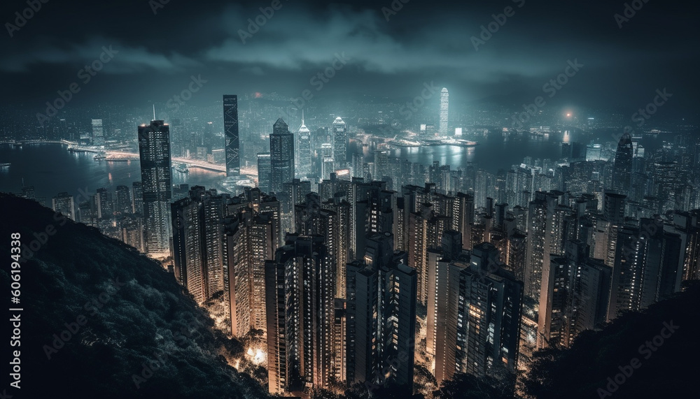 Glowing skyscrapers illuminate modern city skyline at dusk generated by AI