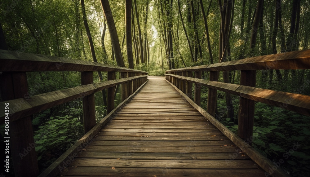 Tranquil footbridge over lush forested mountain stream generated by AI