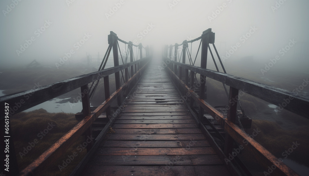 Tranquil footbridge vanishing into foggy mystery generated by AI