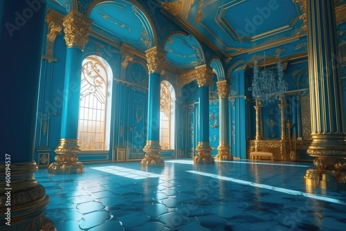 Exquisite depiction of a magical blue interior within the realm of the royal palace