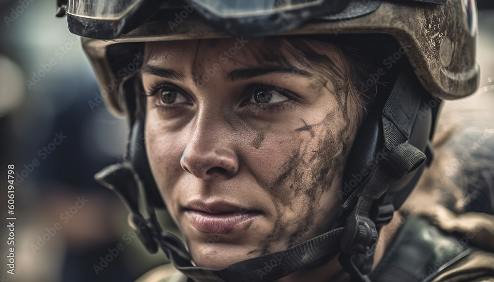 Young adult athlete in military helmet competes generated by AI