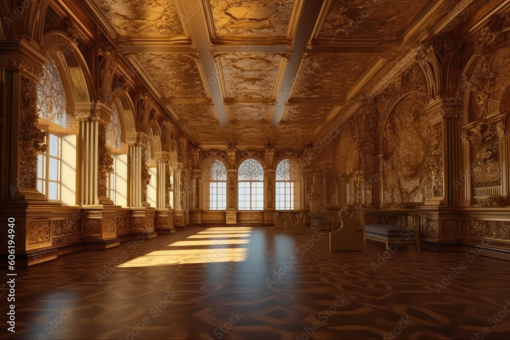 Immersive depiction of a fantastical golden interior in the majestic royal palace