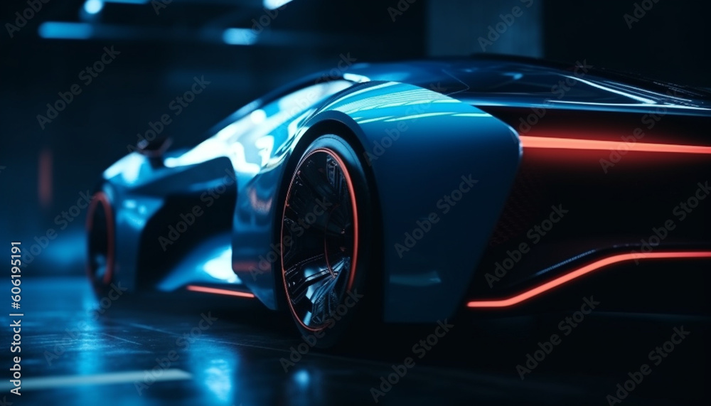 Shiny blue sports car speeds through night generated by AI
