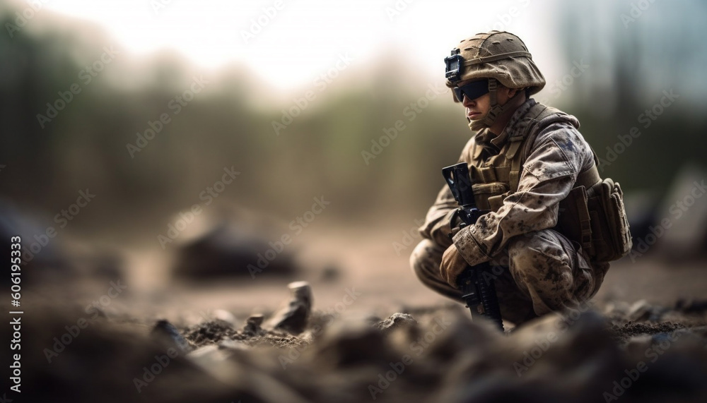 One army soldier aiming rifle in winter forest generated by AI One army soldier aiming rifle in winter forest generated by AI
