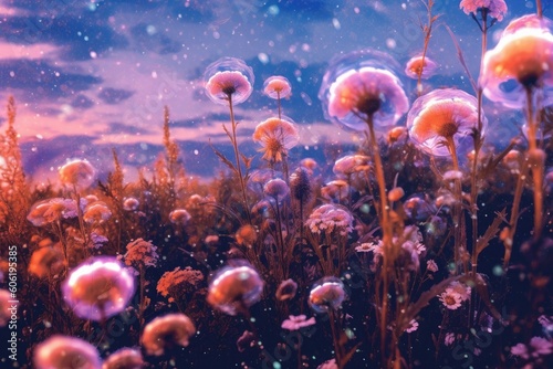 purple flowers and soap bubbles are shown Generative Ai © optimisticdevoted