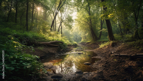 Tranquil forest footpath  wet leaves  sunlight streaming generated by AI